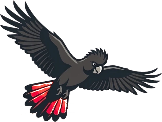 The Red-Tailed Black Cockatoo from the Koorta Boodjar logo, one of Ken Colbung&rsquo;s totems, artwork by Lalita and Tameeka Colbung