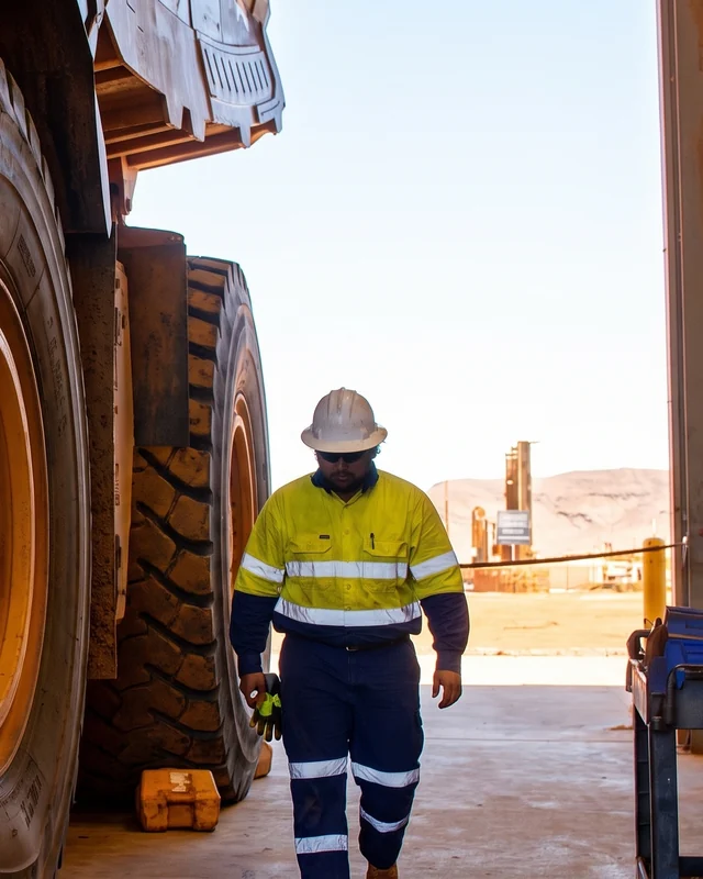 A maintenance fitter walking past haul truck wheels in a workshop
