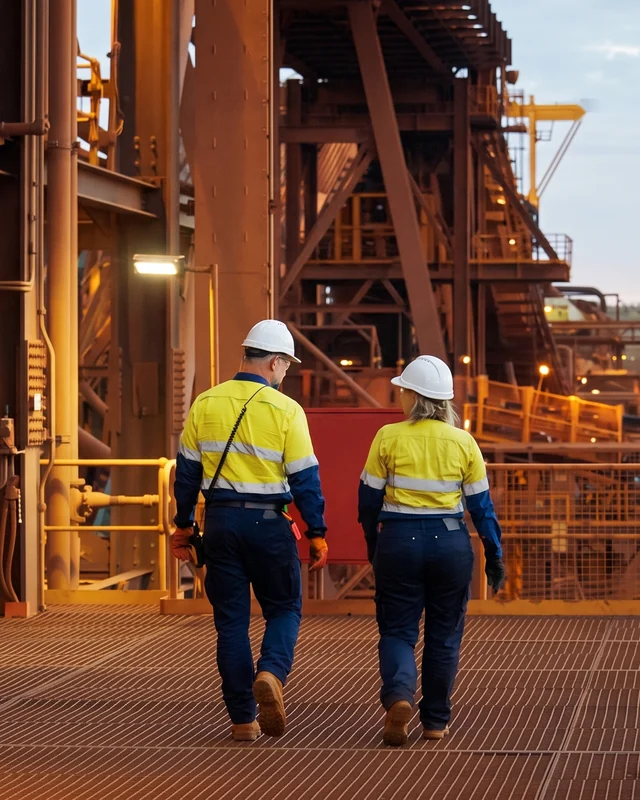 Two workers walking into a processing plant at dusk