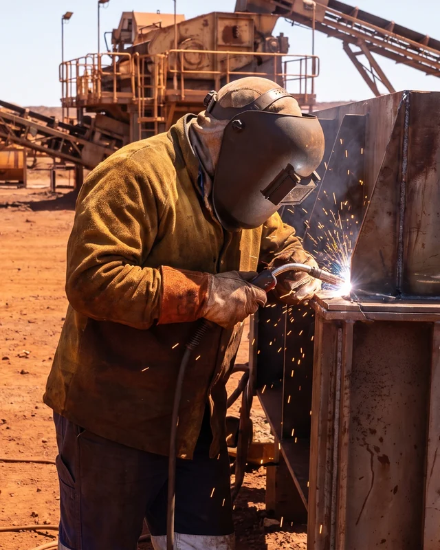 A boilermaker welding steelwork on a red-dirt site